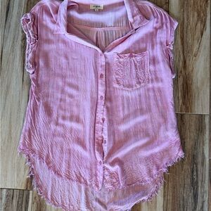 Umgee Pink Button-Down Shirt with Frayed Hem